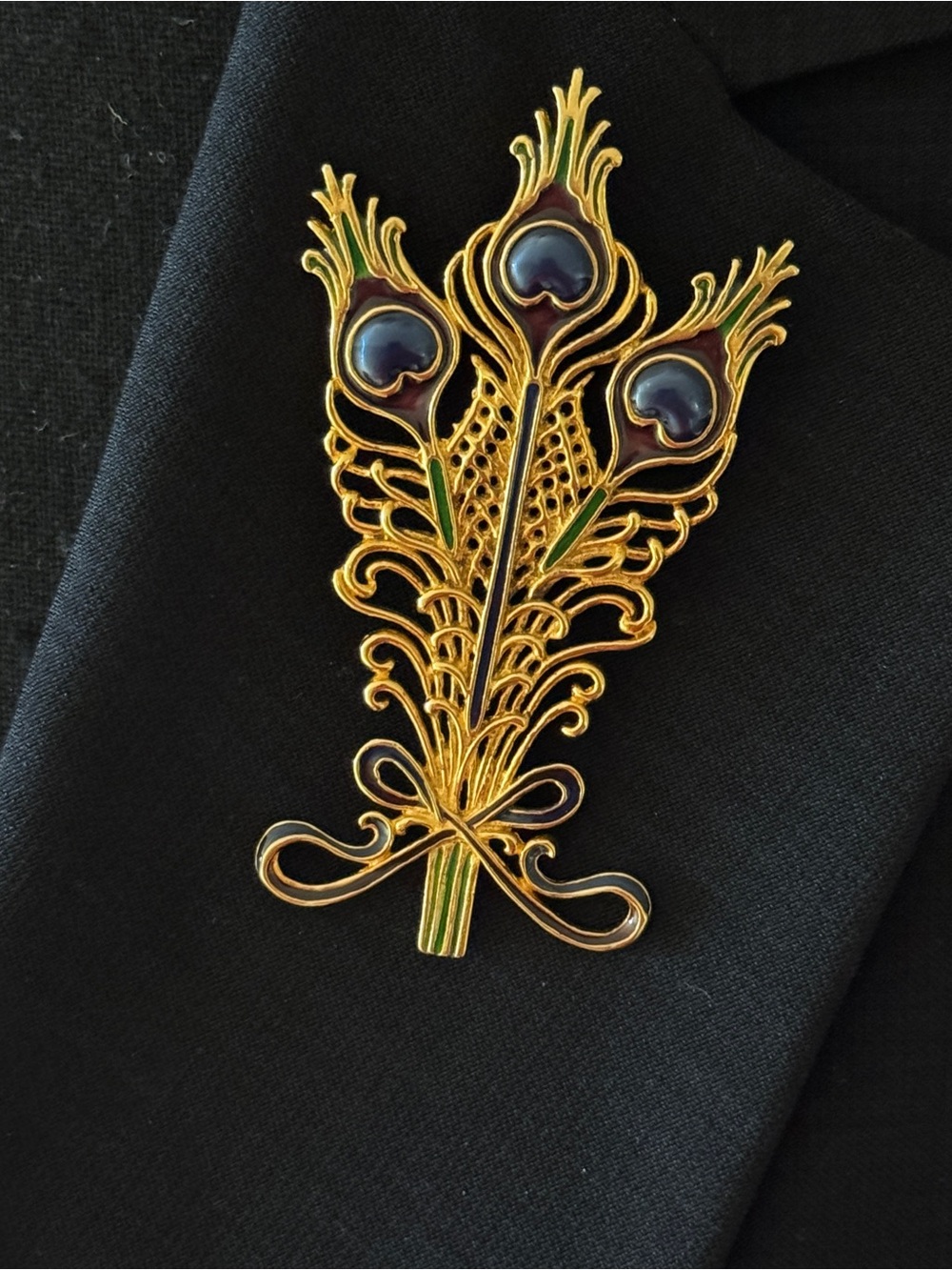 MMA Peacock Feather Gold Metal and  Enamel Brooch Pendant
